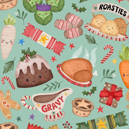 A collection of illustrated Christmas-themed decorations, including roasts, pies, and festive holiday greetings.