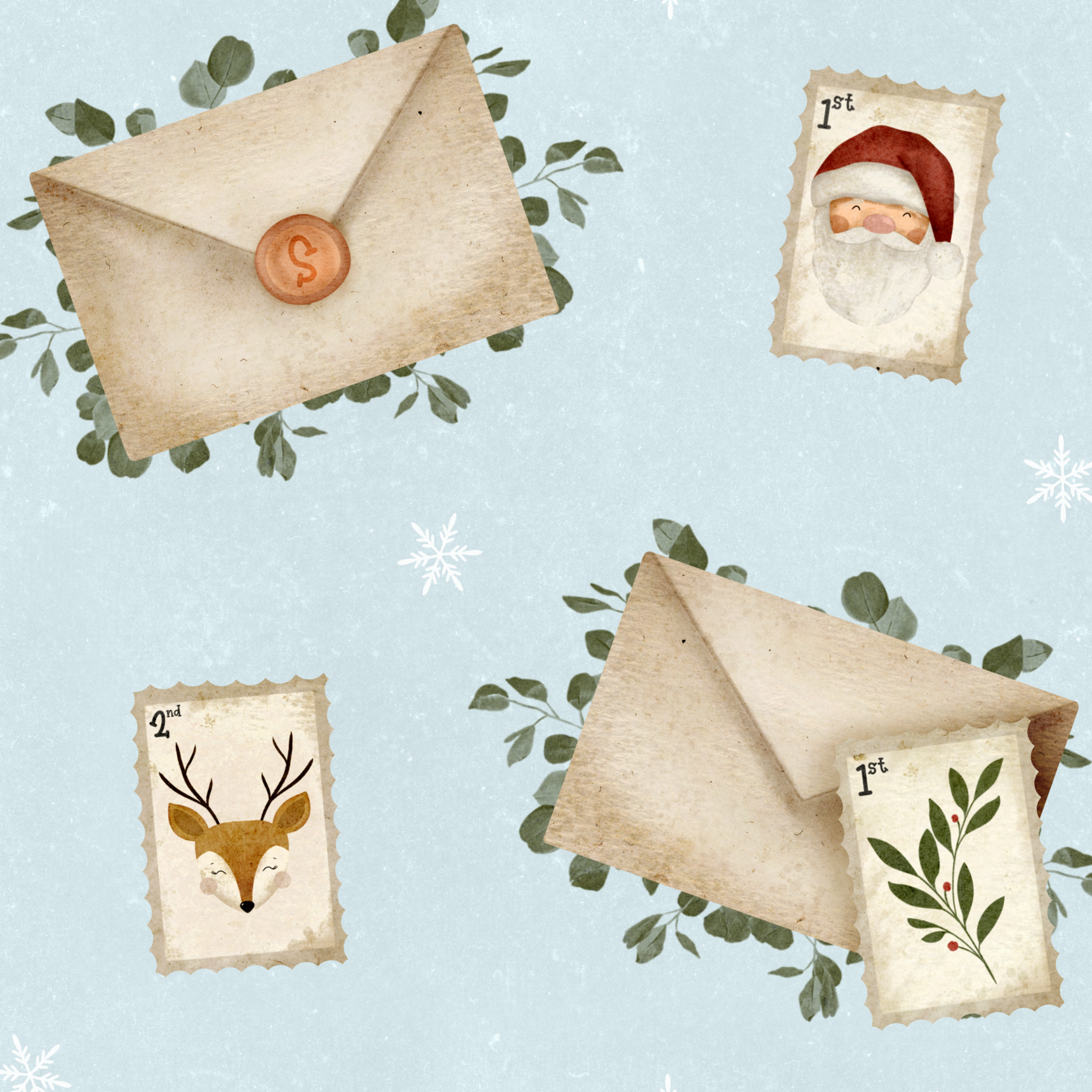 Envelopes and Stamps on a light blue background with snowflake details