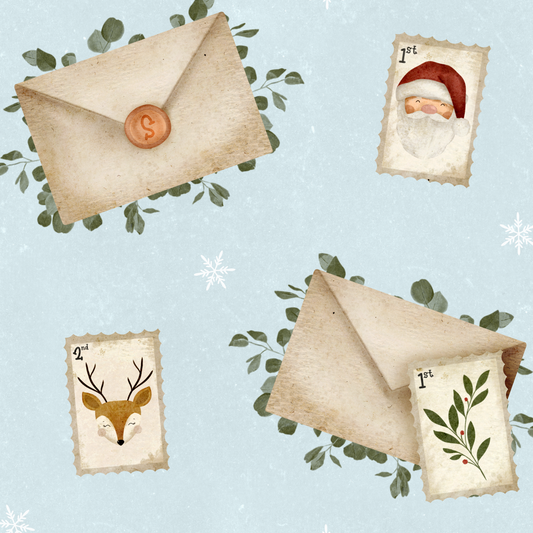 Envelopes and Stamps on a light blue background with snowflake details
