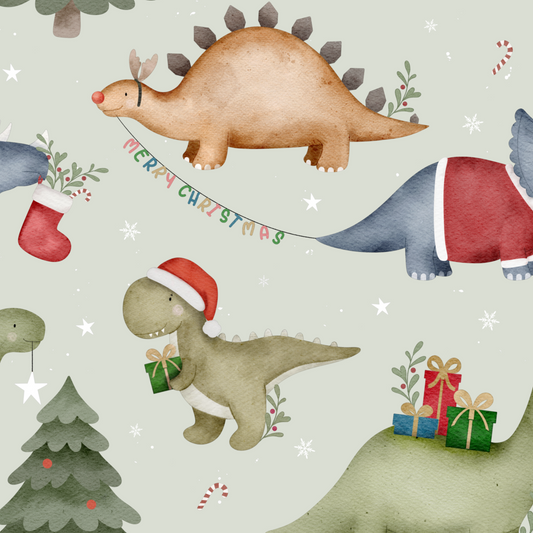 Dinosaurs celebrating Christmas with trees, presents, and a 'Merry Christmas' banner.