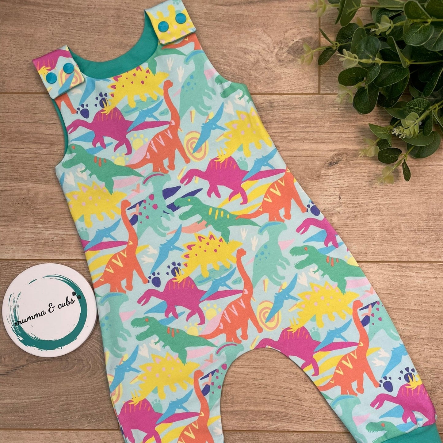 Colorful dinosaur-patterned romper on a wooden surface with a plant in the corner.
