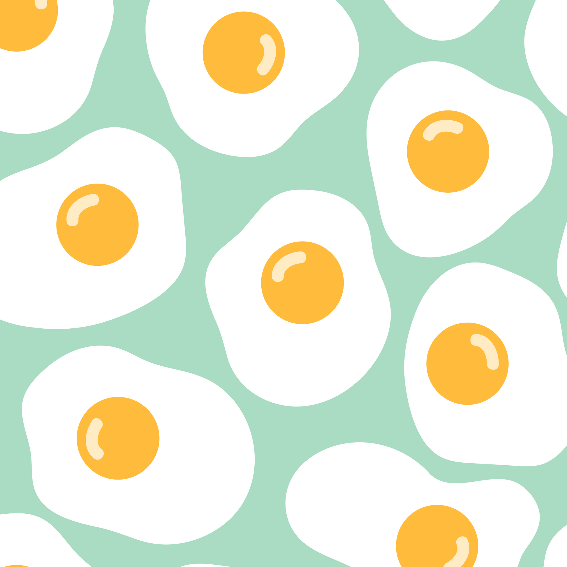 Pattern of fried eggs with yellow yolks on a light green background