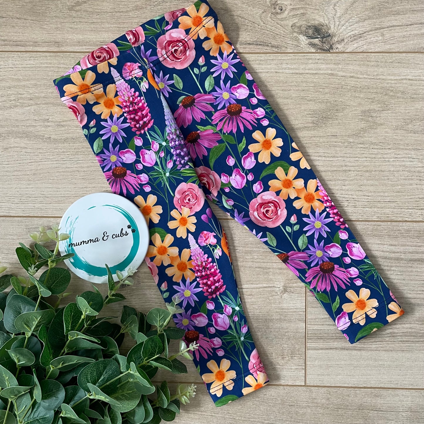 Floral-patterned handmade children's leggings using okeo tex high quality fabric