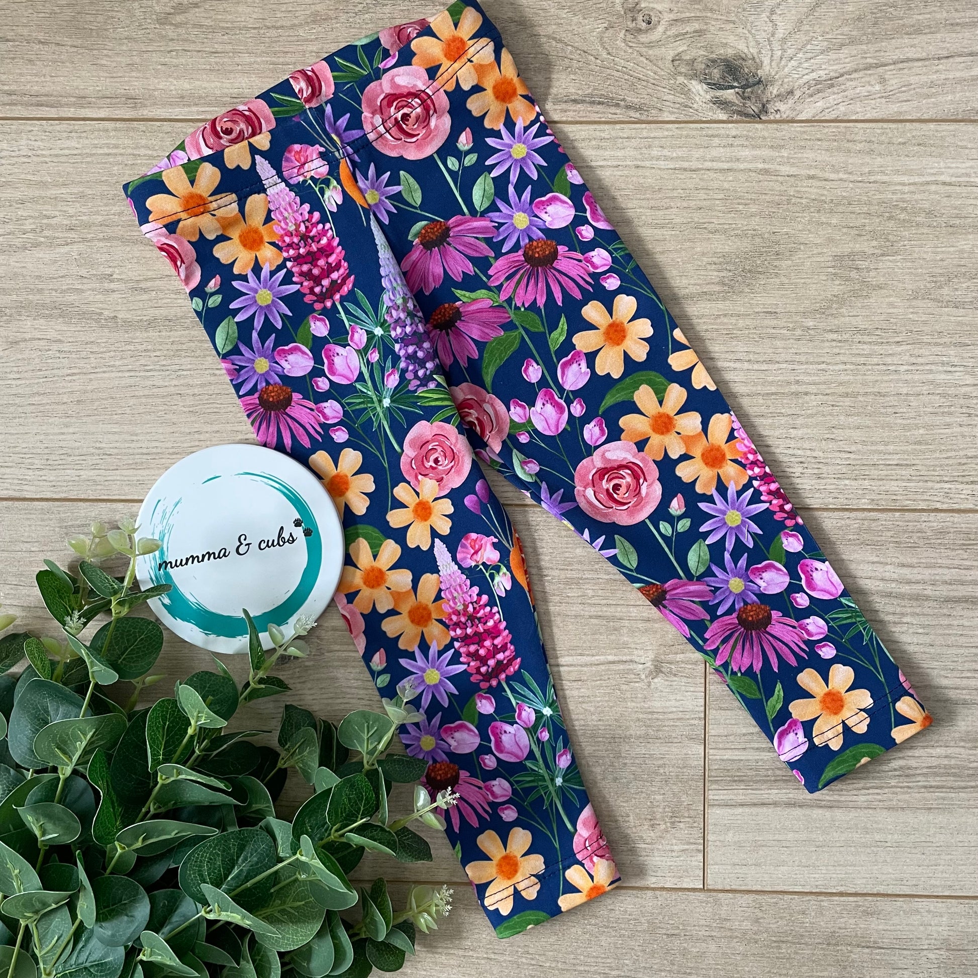 Floral-patterned handmade children's leggings using okeo tex high quality fabric