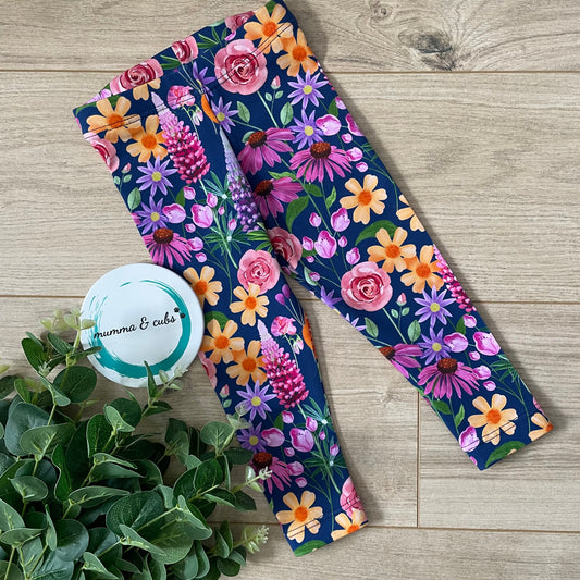 Floral-patterned handmade children's leggings using okeo tex high quality fabric