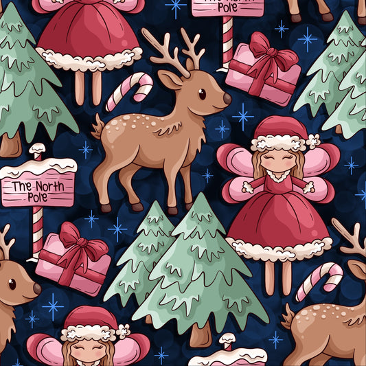 Christmas-themed pattern with reindeer, fairies, trees, and presents on a dark blue background.