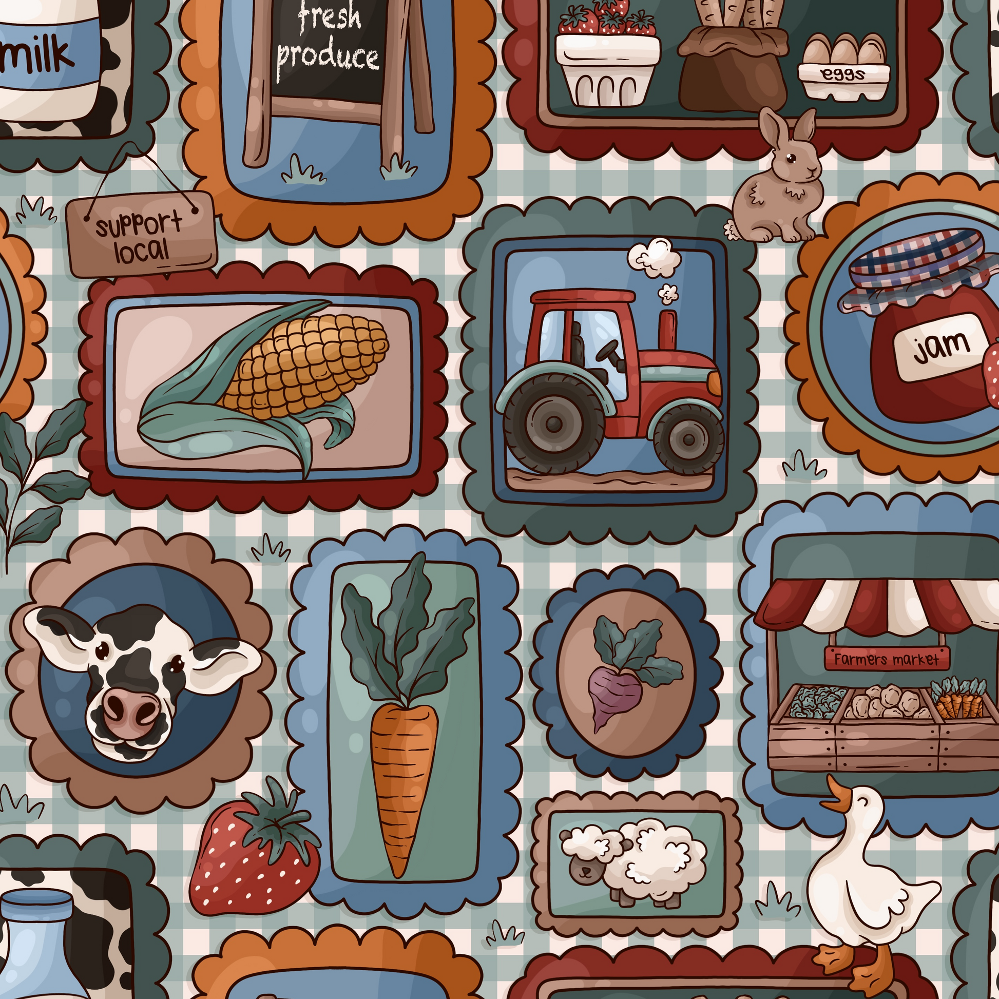 A series of farmers market inspired stamps on a sage green gingham background. Featuring jam, carrots, corn, geese, cows and produce.