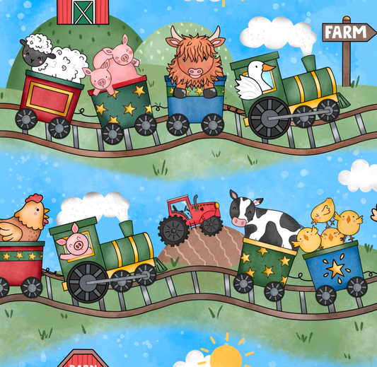 Cartoon train with farm animals on a colorful background