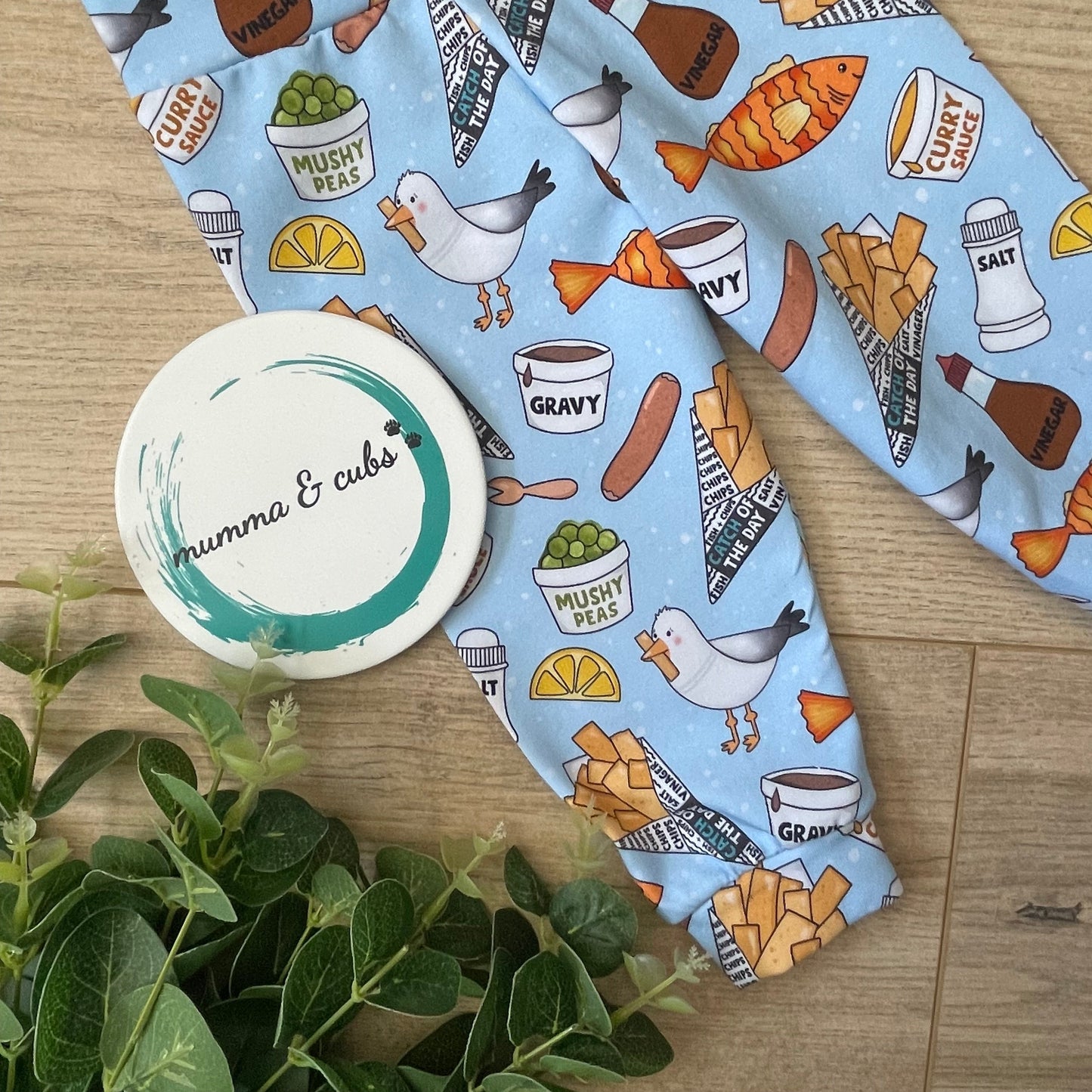 Handmade baby leggings in a chop shop design