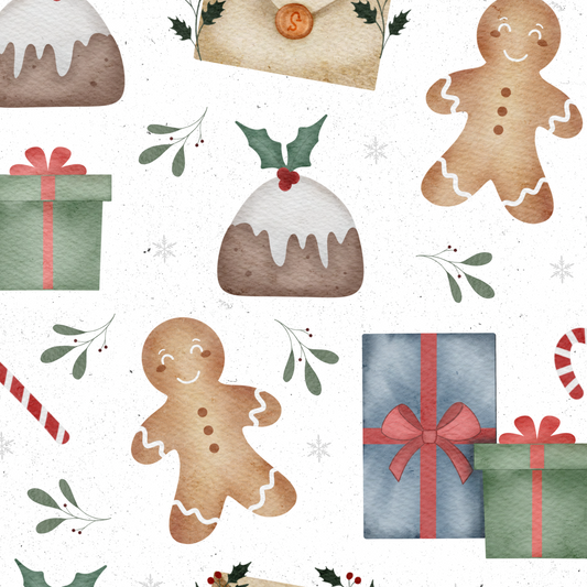Pattern of Christmas-themed illustrations including gingerbread men, presents, and a pudding on a white background.