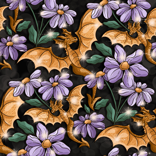 Fantasy pattern of golden dragons and purple flowers on a black background.