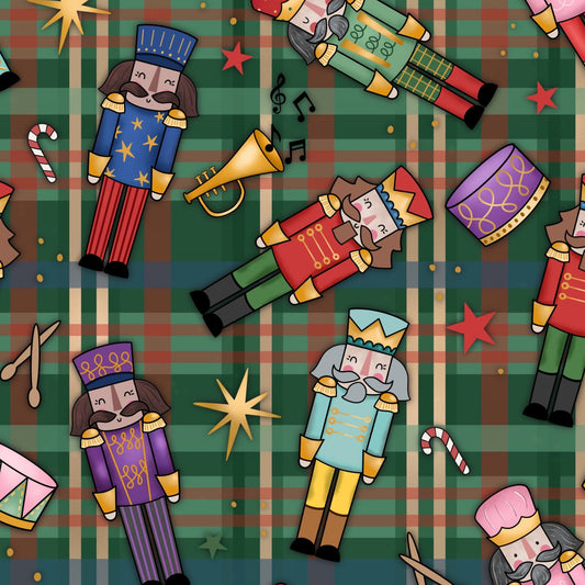 Colorful pattern of nutcrackers and Christmas elements on a plaid background
