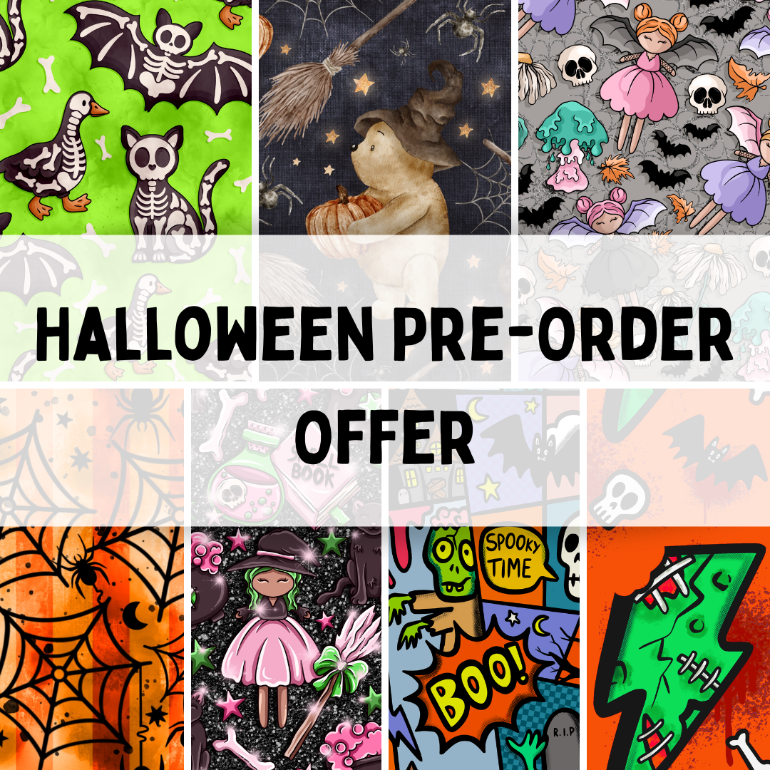 A promotional collage for a Halloween-themed product offer, showing multiple colorful pattern panels with bats, skeletons, pumpkins, ghosts, witches, spiders, and spooky illustrations. Large centered text reads “HALLOWEEN PRE-ORDER OFFER.