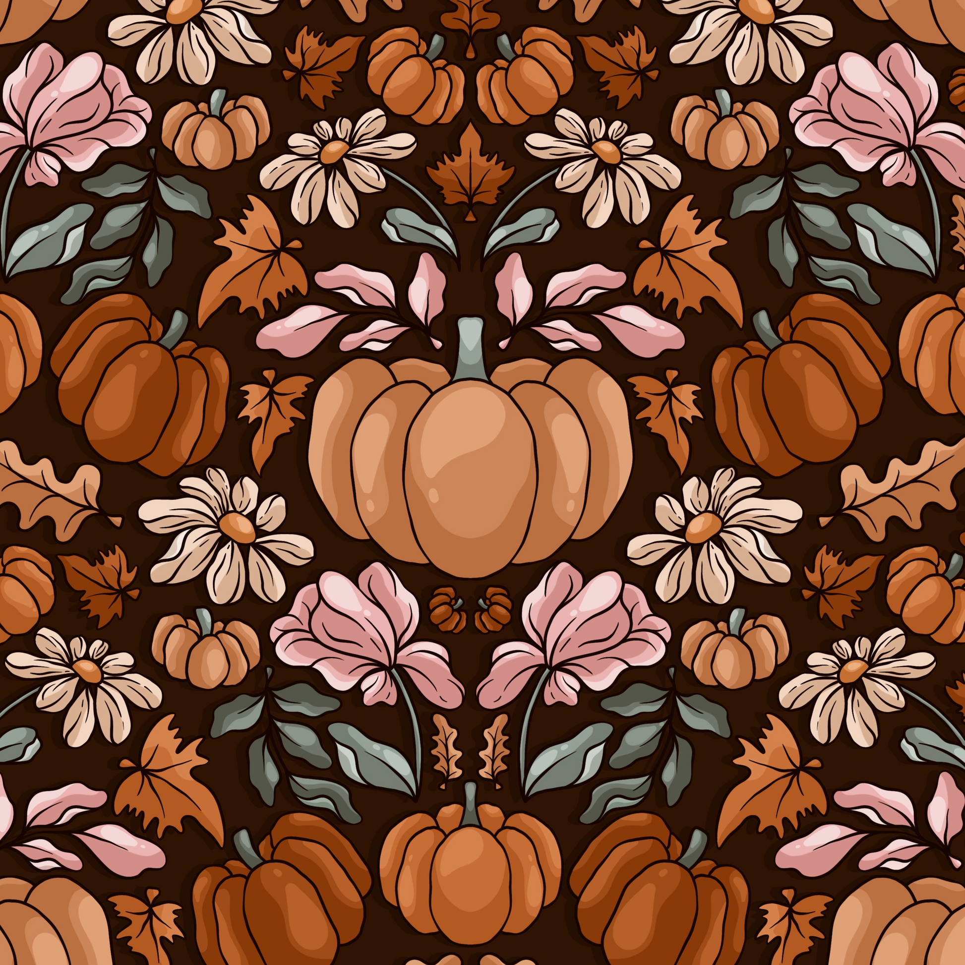 Pattern of pumpkins, flowers, and leaves on a brown background