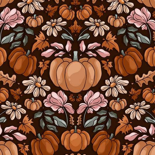 Pattern of pumpkins, flowers, and leaves on a brown background