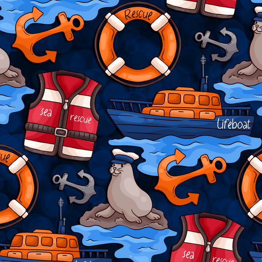 Nautical-themed pattern with life buoys life boats, and anchors on a blue background.