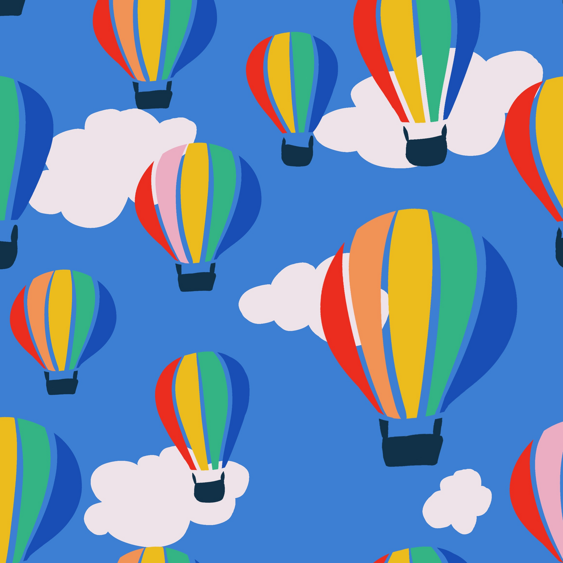 Pattern of colorful hot air balloons and clouds on a blue background