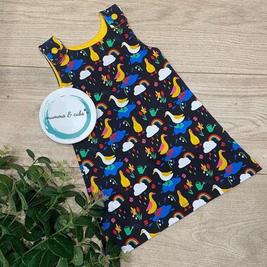 Dungaree Dress - Rainbow Puddle Ducks - 6-12m