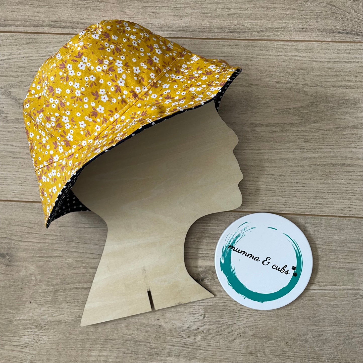 Handmade Cotton Reversible Bucket Hat Kids – Ready to Ship | Mustard Floral Navy Polka Dot |  (to fit approx. 43cm)