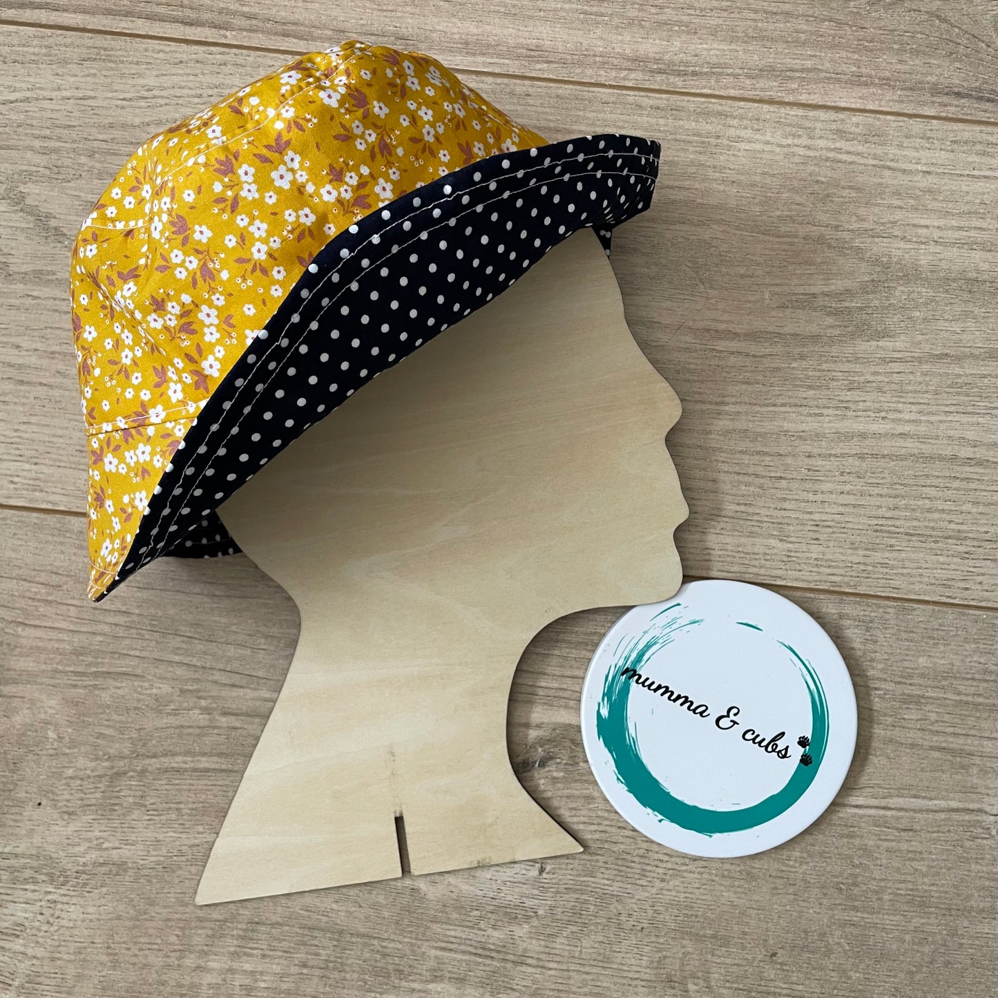 Handmade Cotton Reversible Bucket Hat Kids – Ready to Ship | Mustard Floral Navy Polka Dot |  (to fit approx. 43cm)