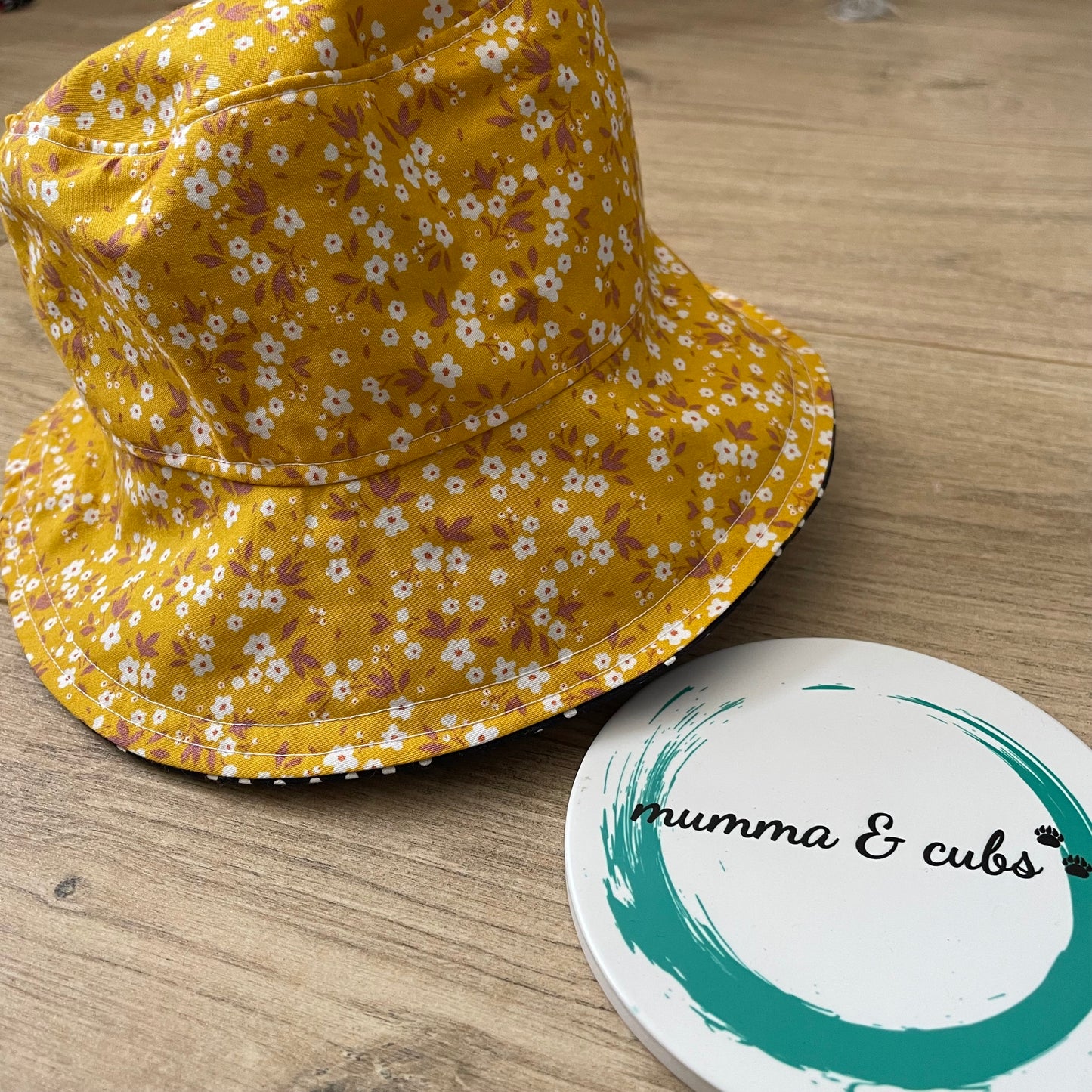 Handmade Cotton Reversible Bucket Hat Kids – Ready to Ship | Mustard Floral Navy Polka Dot |  (to fit approx. 43cm)