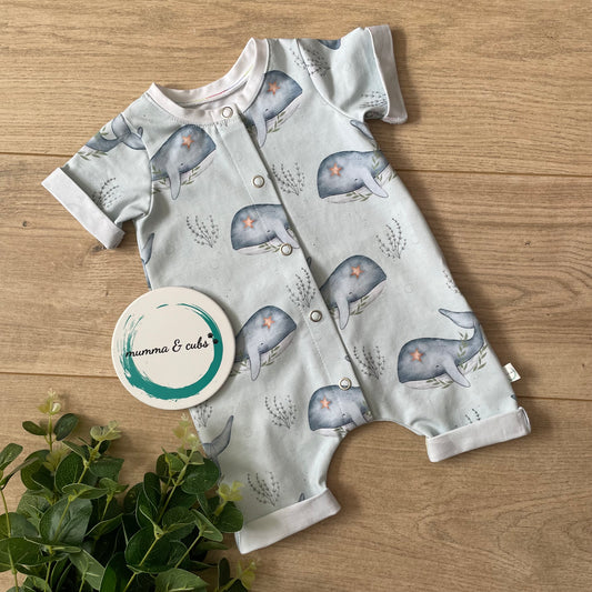 Rolled hem romper - Short. Whales 0-3m
