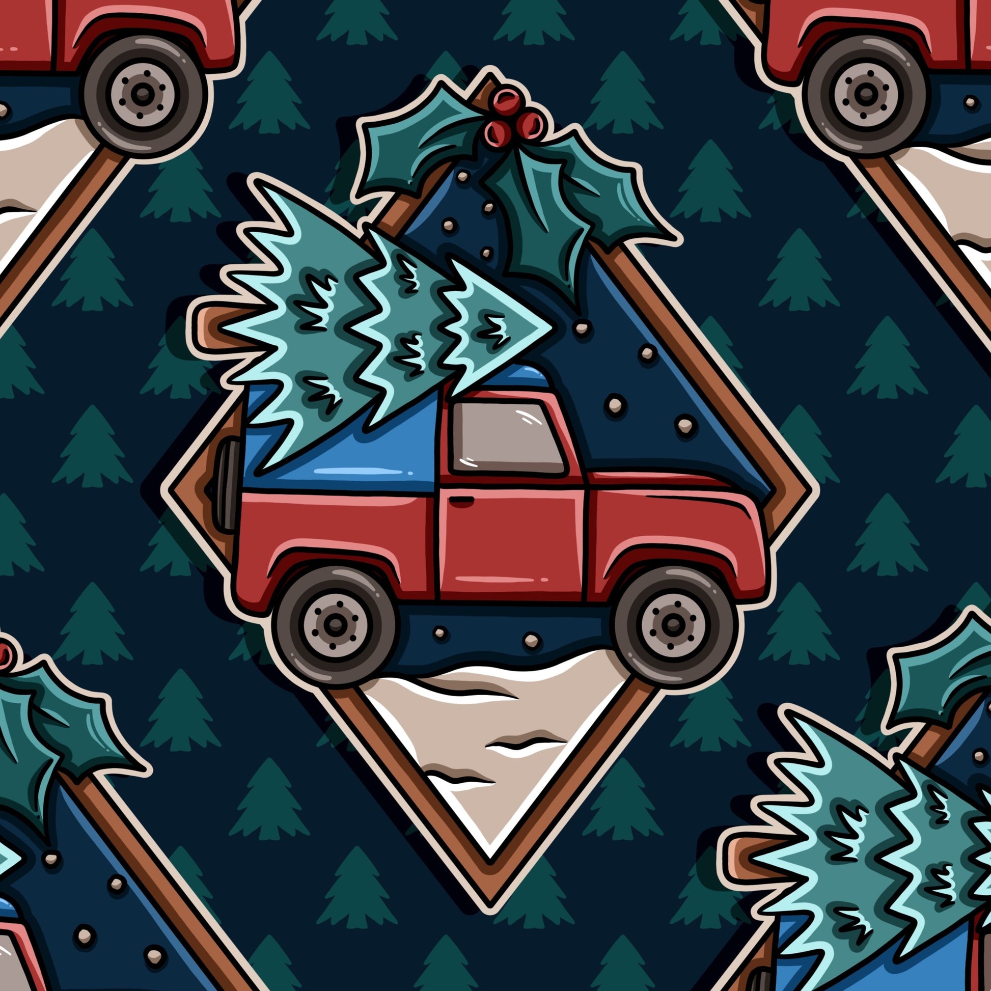Pattern of red trucks and Christmas trees on a blue background
