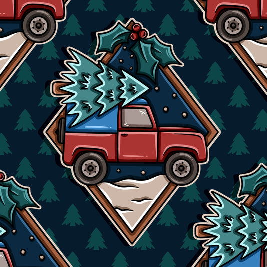 Pattern of red trucks and Christmas trees on a blue background