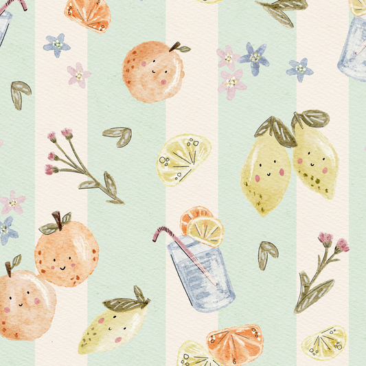 Vintage feel design with lemons and oranges and florals with a suer drink all on a background of mint and light cream stripes