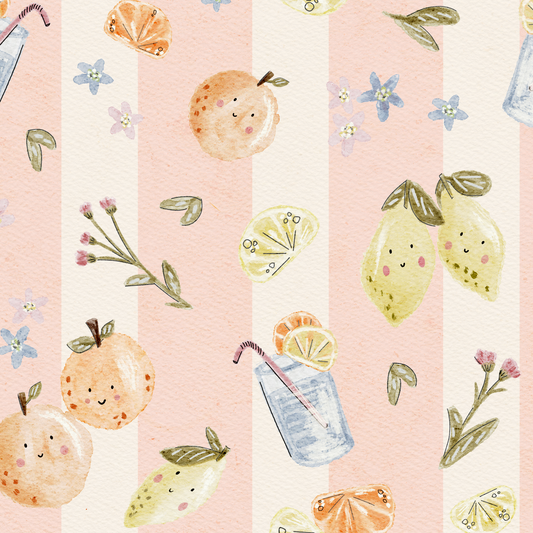 Citrus fruits with smiling faces on a pink and cream striped background with floral elements and drinks with straws