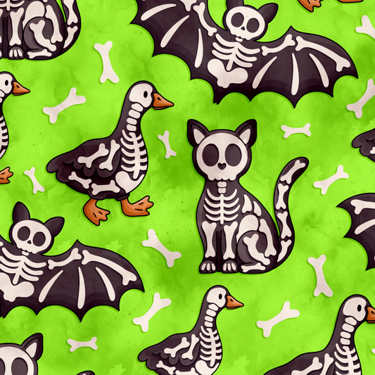 A repeating Halloween-themed pattern featuring cartoon skeletons of a cat, a goose, and a bat on a bright lime green background with scattered white bones.
