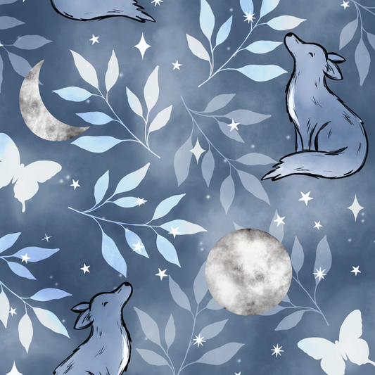 Pattern of foxes, moons, and leaves on a blue background