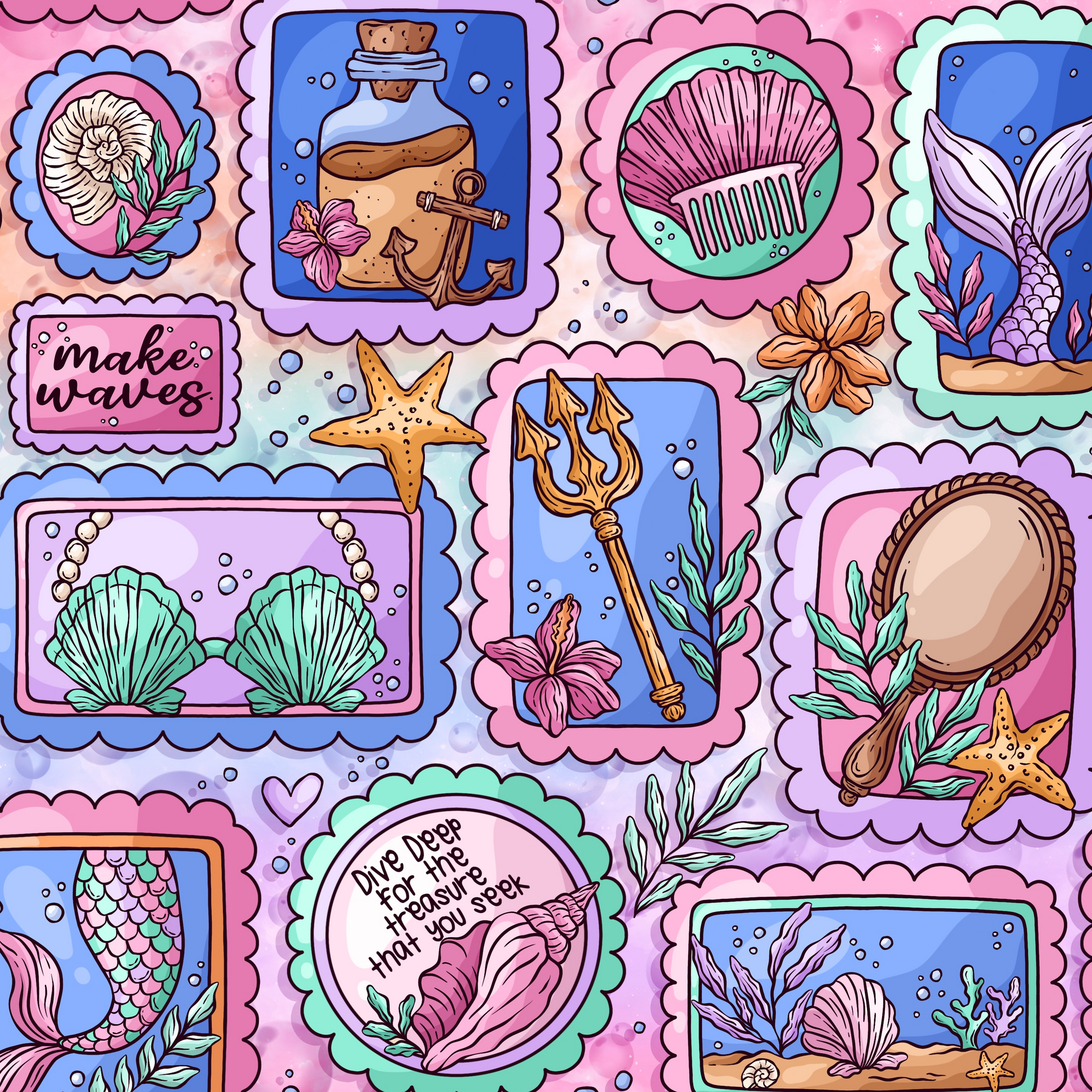 Colorful pattern with mermaid-themed illustrations on a pink background