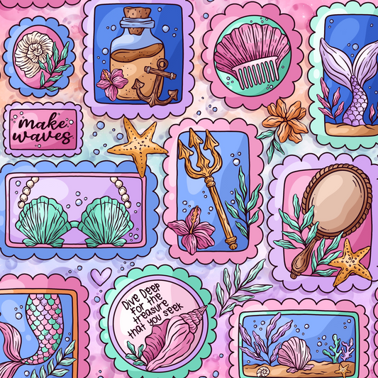 Colorful pattern with mermaid-themed illustrations on a pink background