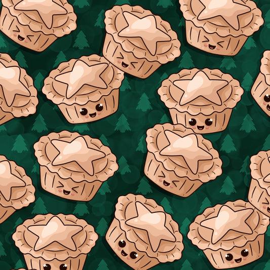 Pattern of cute star-topped pies with faces on a green background
