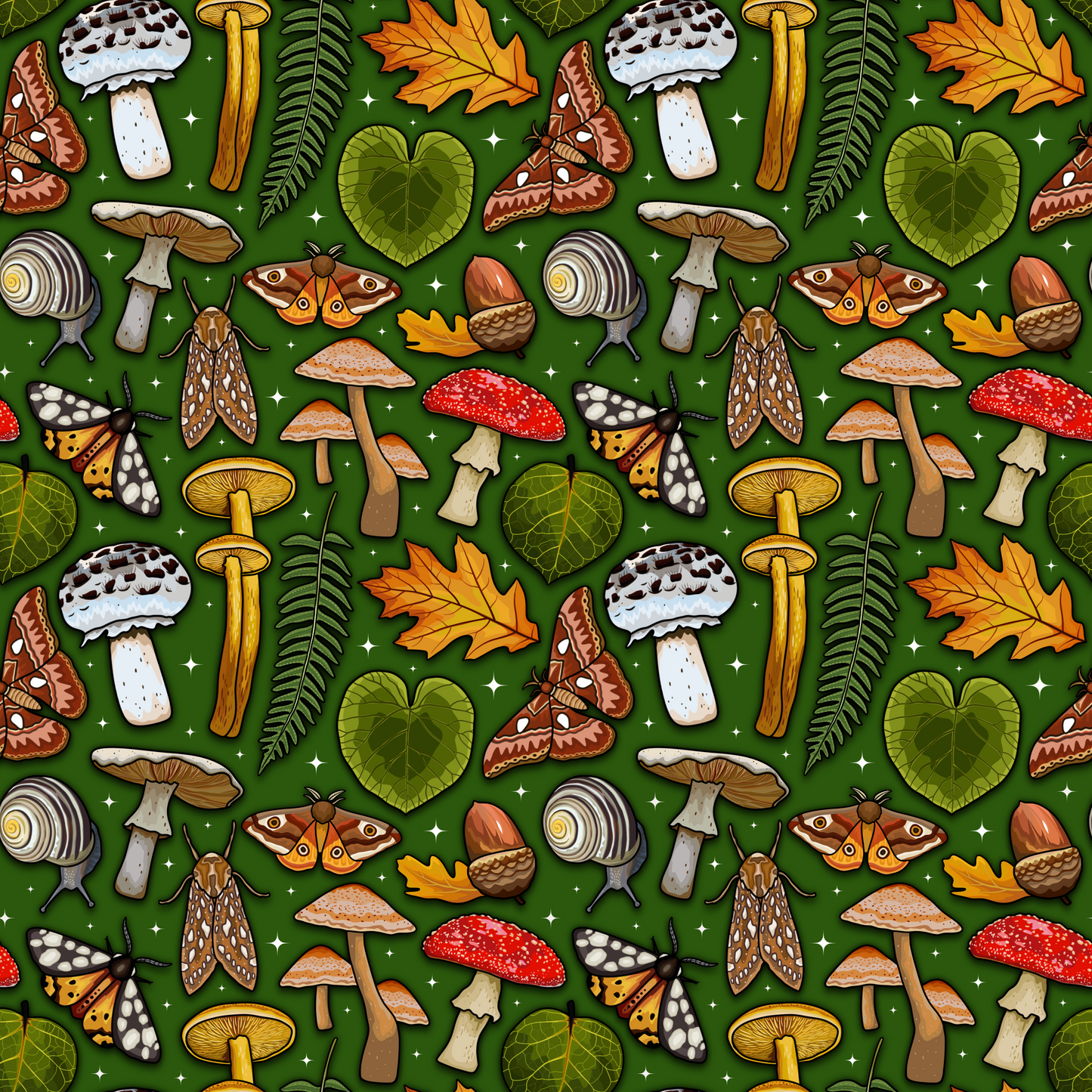 Pattern of mushrooms, leaves, and moths on a green background