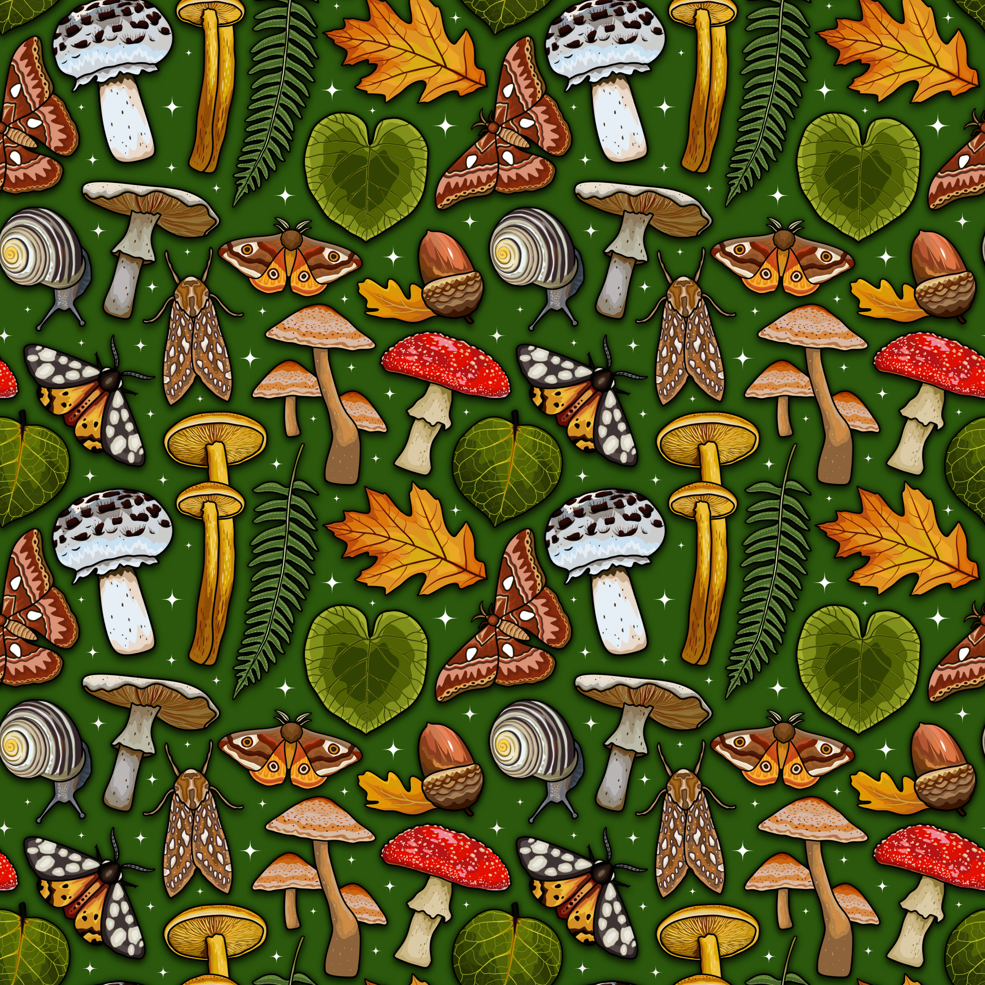 Pattern of mushrooms, leaves, and moths on a green background