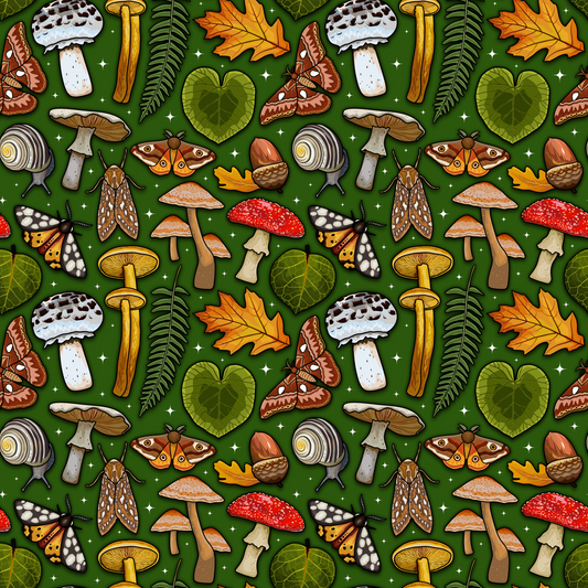 Pattern of mushrooms, leaves, and moths on a green background