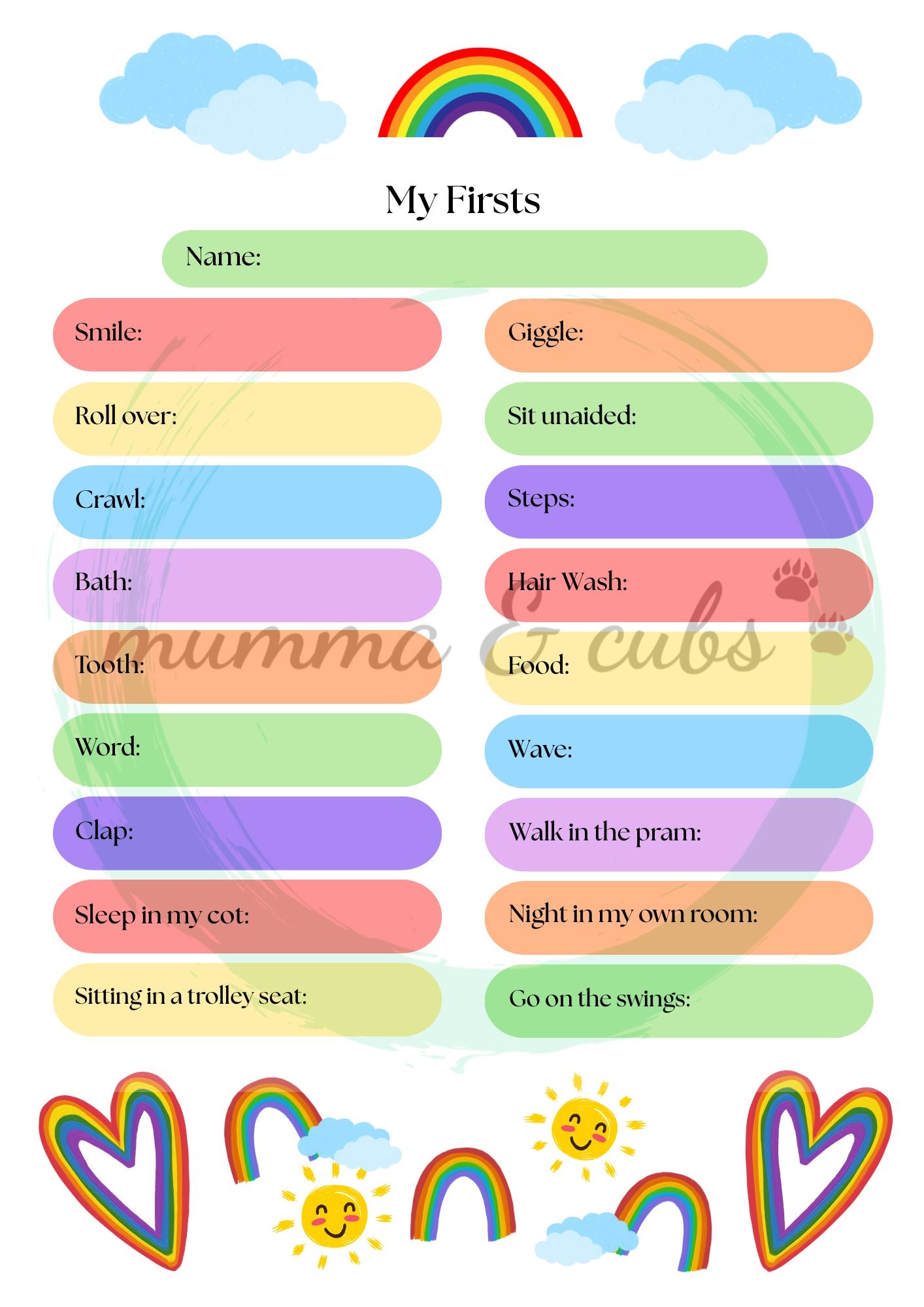 Colorful chart titled 'My Firsts' with various milestones listed, featuring rainbow and cloud designs.