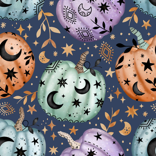 Pattern of pumpkins with moon and star designs on a navy blue background