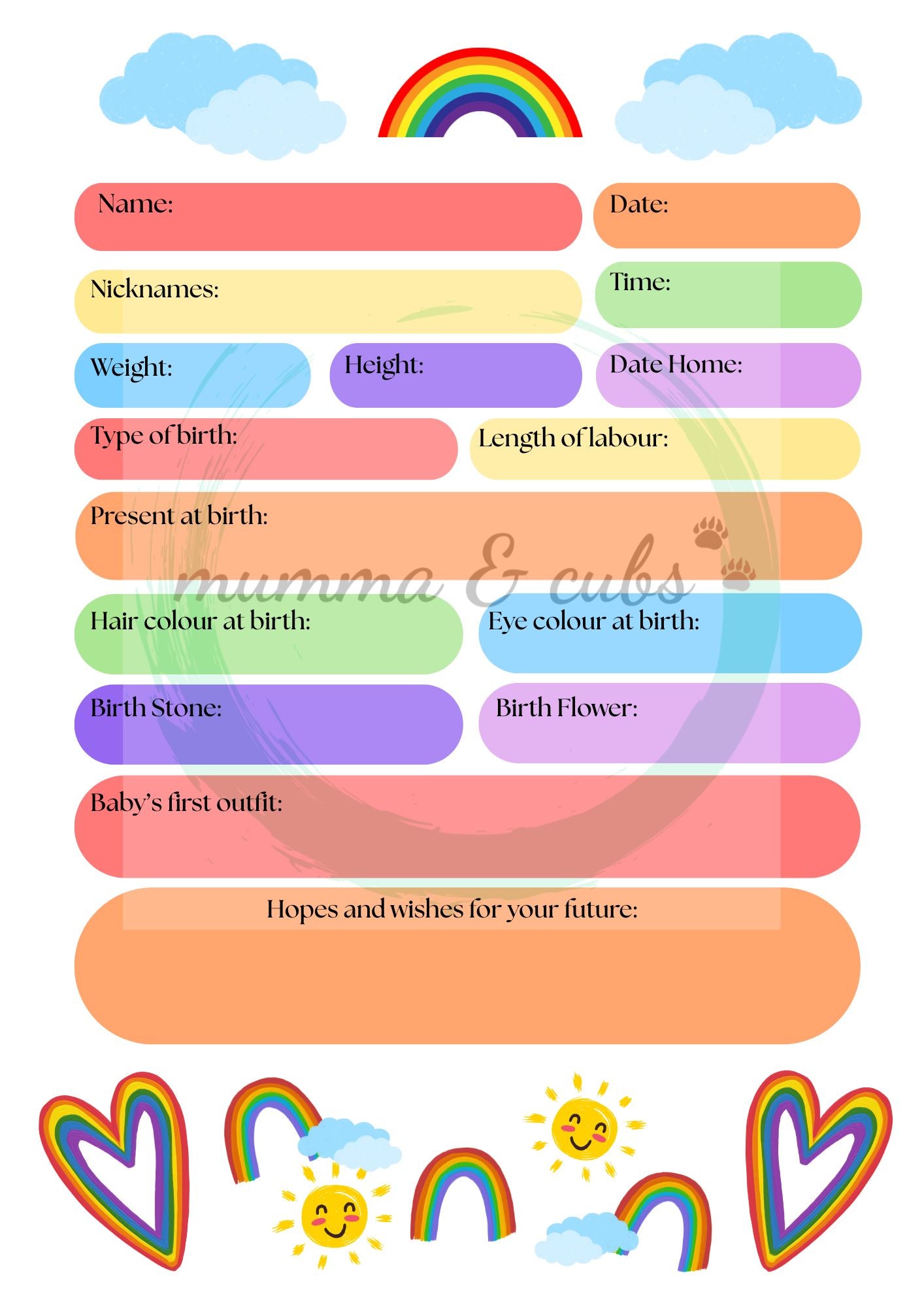Baby information sheet with colorful boxes and rainbow illustrations on a white background