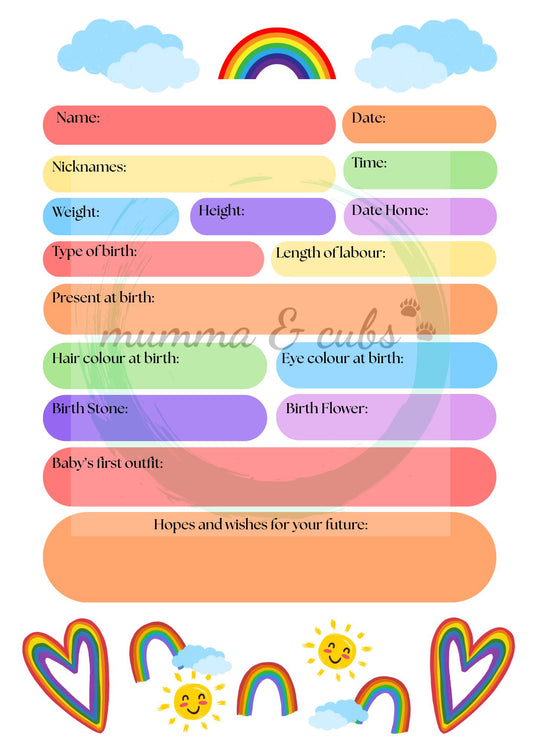 Baby information sheet with colorful boxes and rainbow illustrations on a white background