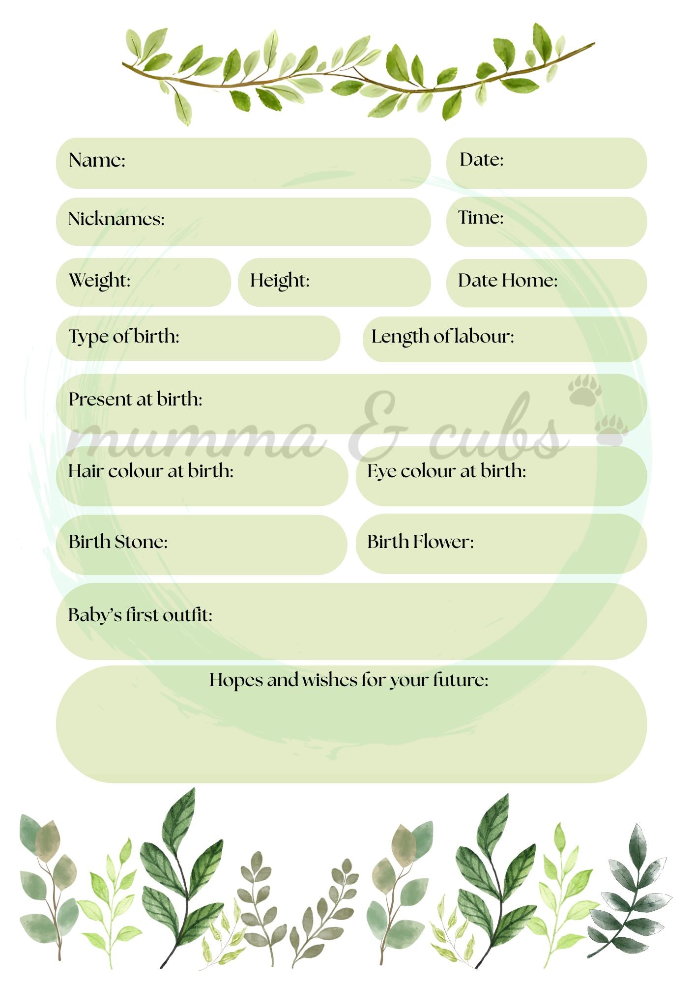 Blank birth record form with green leaf decorations