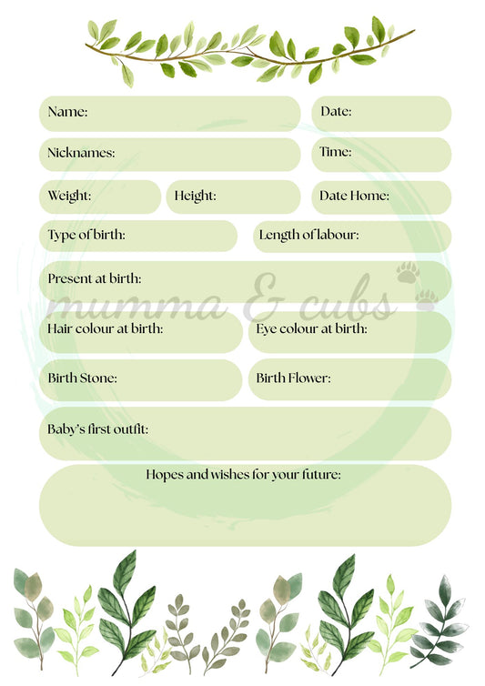 Blank birth record form with green leaf decorations