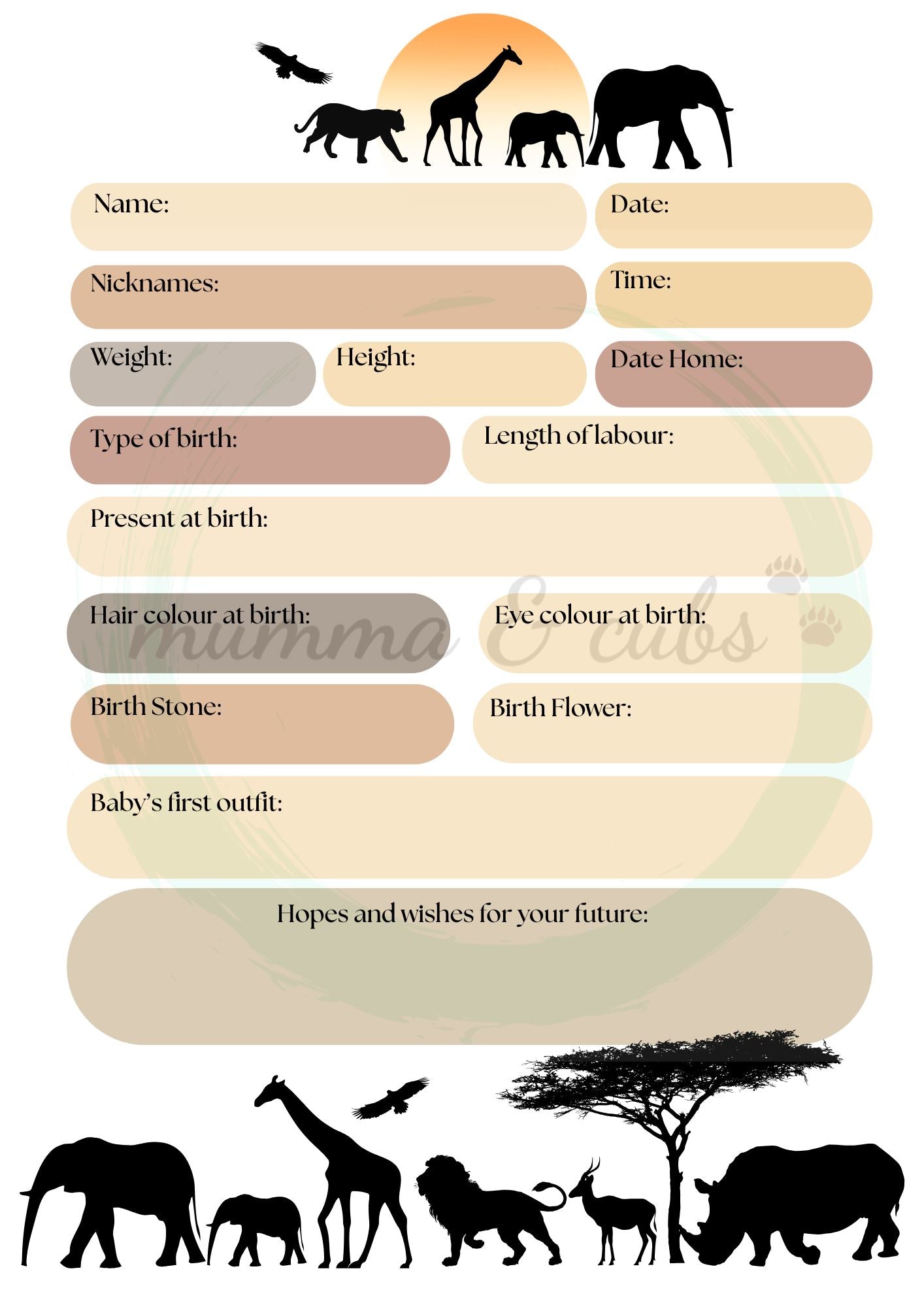 Birth records sheet with animal silhouettes  and a neutral colour palette and blank fields for information.