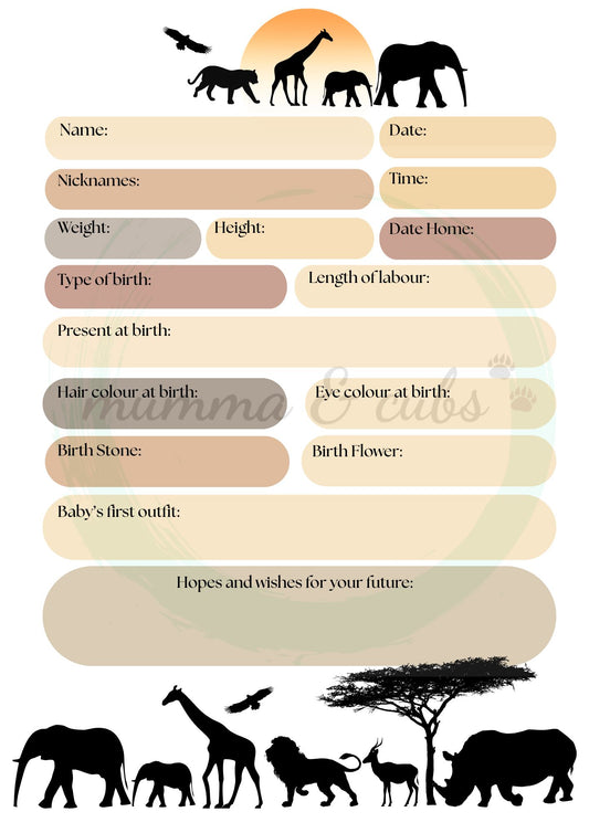 Birth records sheet with animal silhouettes  and a neutral colour palette and blank fields for information.