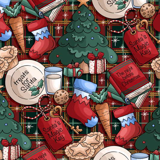 Christmas-themed pattern with trees, stockings, and presents on a plaid background.