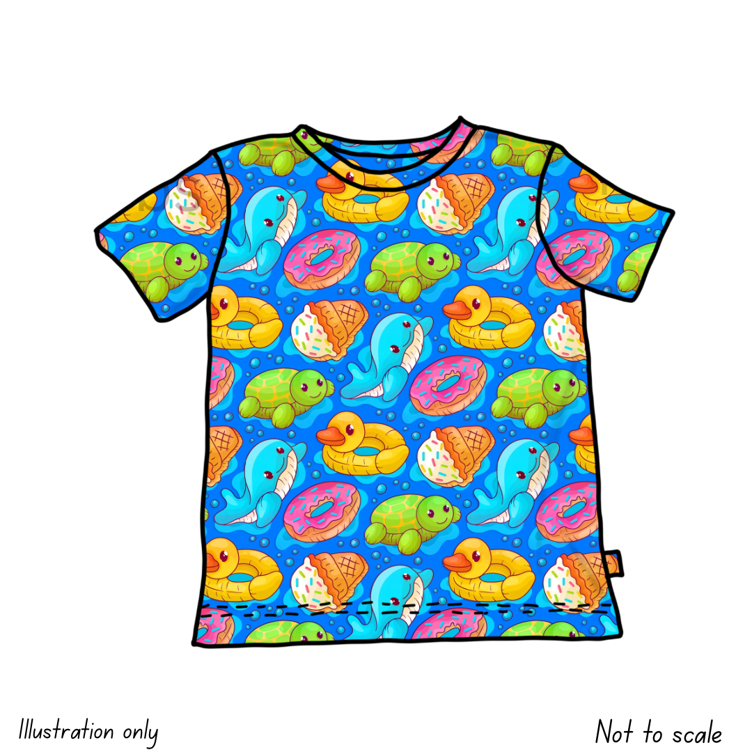 Colorful t-shirt mock up with sea-themed pool floats pattern on