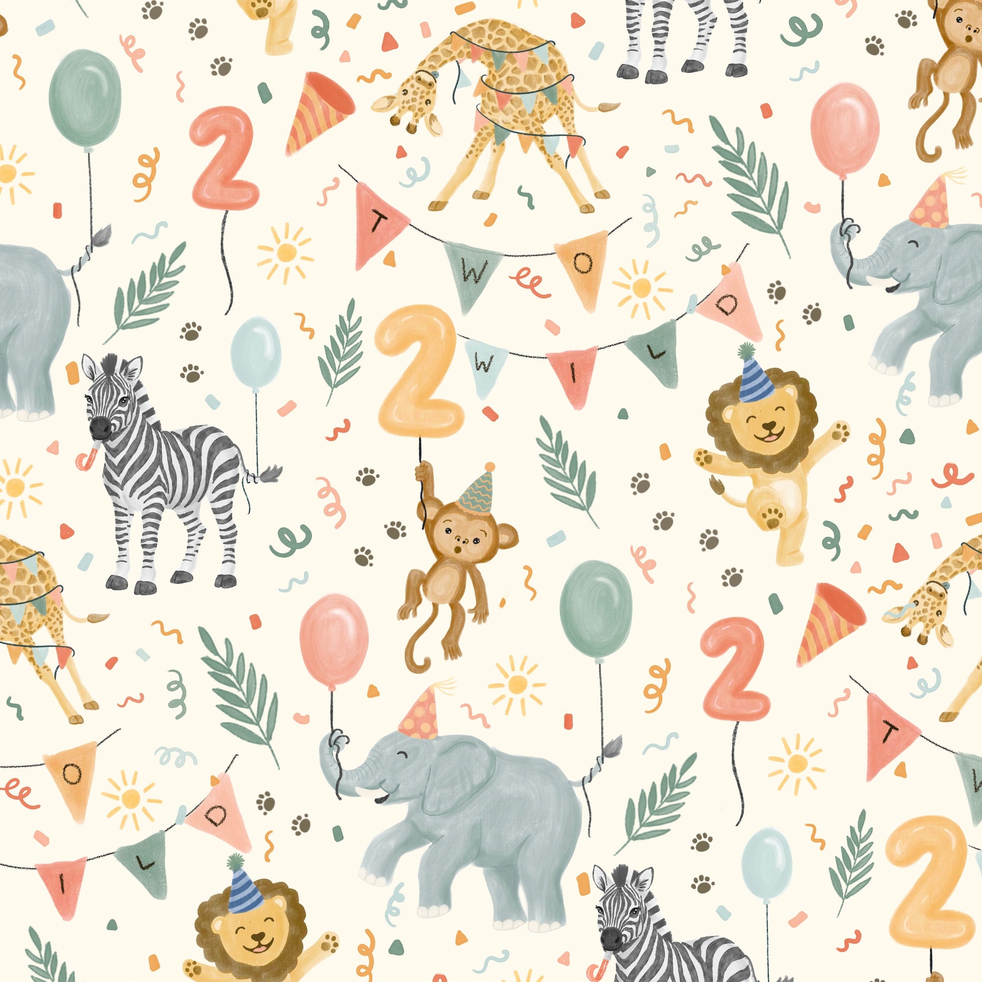Pattern of animals and birthday elements on a cream background