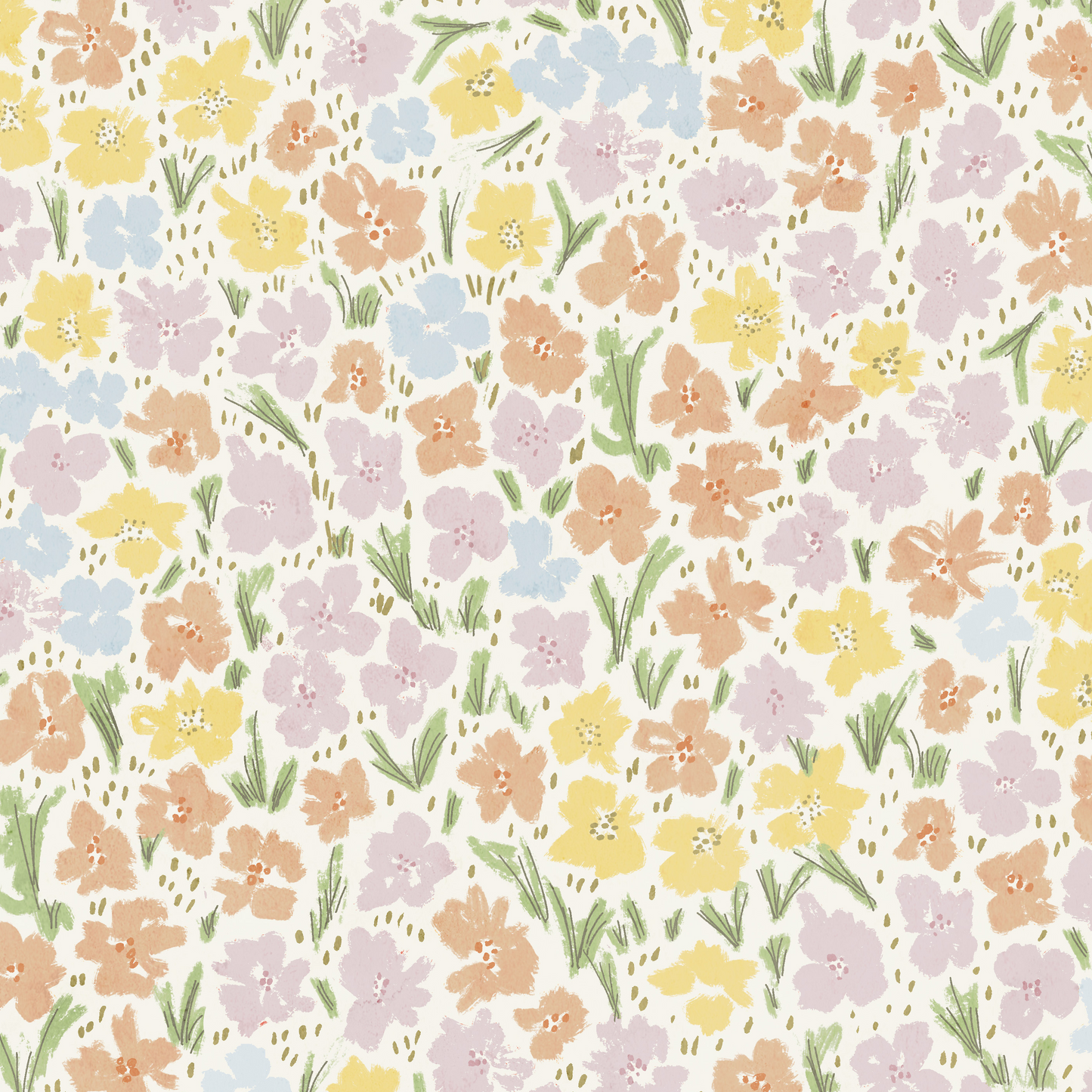 Pastel ditsy inspired floral design on a pale white background.